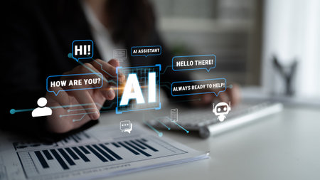 Person Using AI Technology for Digital Communication and Assistance in Modern Office Setting with...