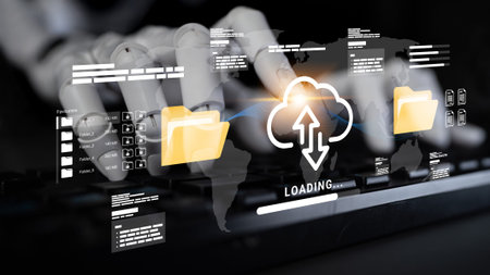 A conceptual image depicting digital transformation with human-like hands on a keyboard, showcasing...