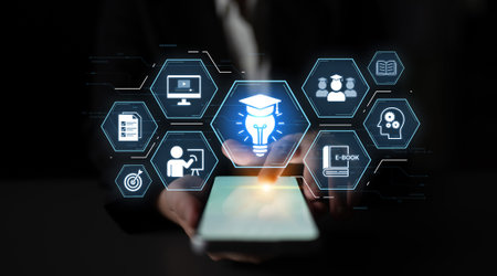 Education technology digital learning, training systems, and knowledge development. Futuristic...