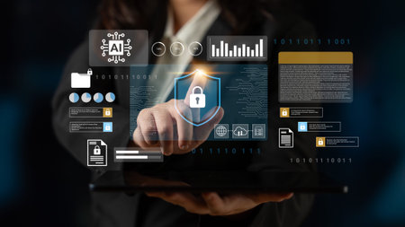A professional business person interacts with advanced technology that features data protection, AI...