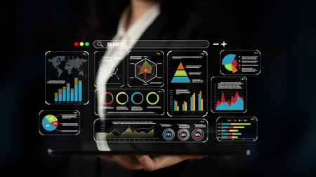 Business Analyst Presenting Interactive Data Visualizations on a Digital Tablet with Graphs, Charts,...