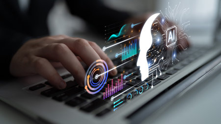 Human profile and AI circuit symbolize cognition, learning and data analytics, illustrating decision...