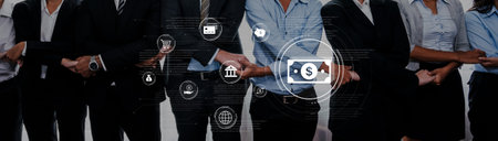 A fintech concept showing a network of digital banking services. This includes secure online payments, global transactions, and e-commerce for the modern financial system. Fermionの写真素材