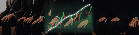 A group of business professionals sits together in a modern office, focusing on financial growth...