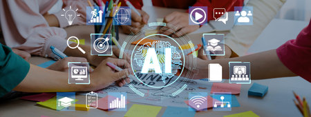 Collaborative Learning Environment with AI Technology Charts and Illustrations on a Table Surrounded...