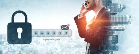 A businessman engages in a phone conversation while an overlay of an OTP code graphic emphasizes...