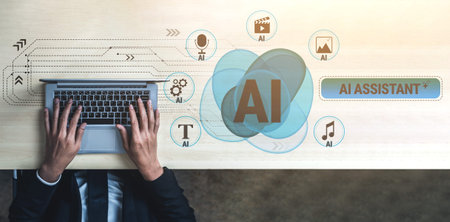 Modern Technology and Innovation Concept with Hands Typing on Laptop, Artificial Intelligence Icons and Digital Assistant Elements on Desk Surface Quark.の写真素材