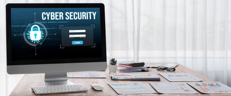Cyber security system on computer screen protect private information brisk from hacker and cyber...