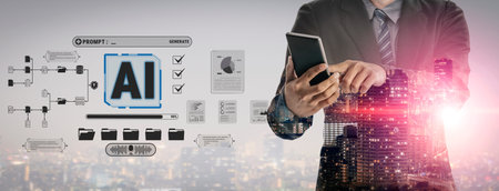 Business Professional Using Smartphone with AI Icons and Modern Cityscape in Background,...