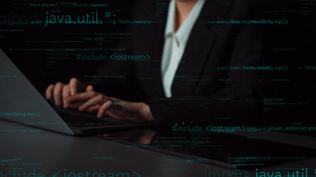 A professional programmer types code in a modern office, surrounded by digital symbols, emphasizing...