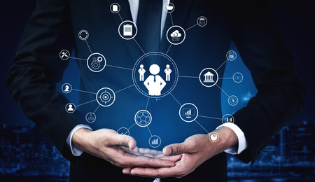 A concept of centralized business management and corporate strategy. A leadership team connecting to...