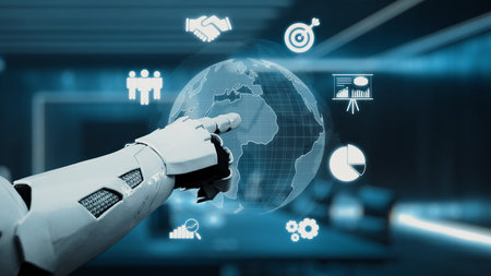 A robotic arm points at a digital globe featuring holographic icons representing business strategy,...