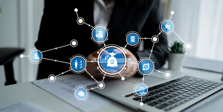 A professional demonstrating digital connectivity through icons symbolizing security and business...