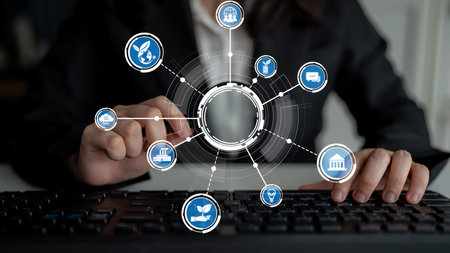 A professional businesswoman interacts with a digital interface in a modern workspace, showcasing...