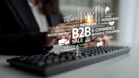A conceptual representation of business-to-business interactions featuring a keyboard, sales...