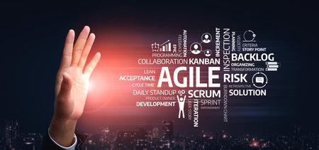 A dynamic representation of agile methodology showcasing various terms related to project...
