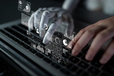 AI interacts with data analytics dashboard, reading trends, improving decisions, and enhancing...