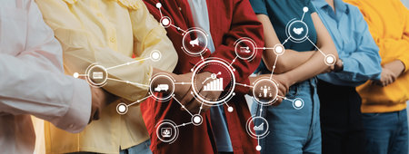 A diverse group of individuals stands united, showcasing an interactive graphic representing...