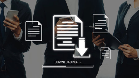 Business professionals in formal attire are actively engaged in a document downloading process,...