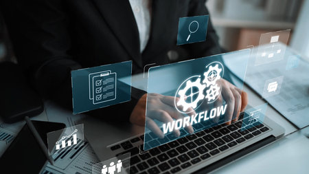 Workflow optimization concept featuring interconnected gears, task management, collaboration,...