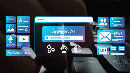 Hands typing on a keyboard with digital interface displaying AI tools, applications, and advertising...