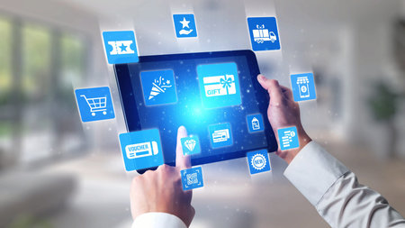 Digital gift card icons show e-commerce, payment, and digital gift card redemption. Digital gift...