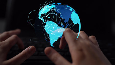 Global network connection visualization showing data exchange, digital link, worldwide communication. Global data flow and digital network infrastructure connecting regions around the world. Thunkの写真素材