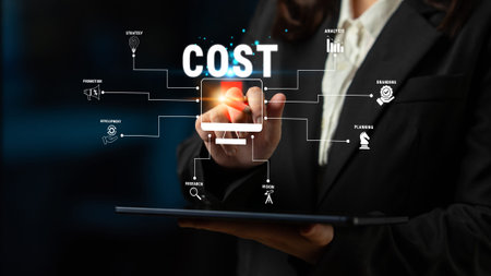 Businesswoman Using Tablet to Analyze Cost with Strategic Planning, Data Analysis, and Research...