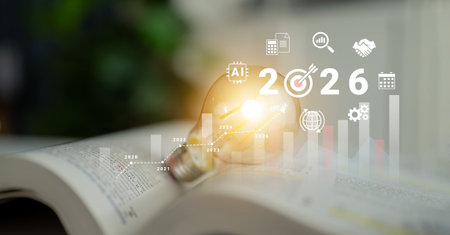 Bar graphs, charts, and number 2026 with AI and data analysis icons symbolizing future business...