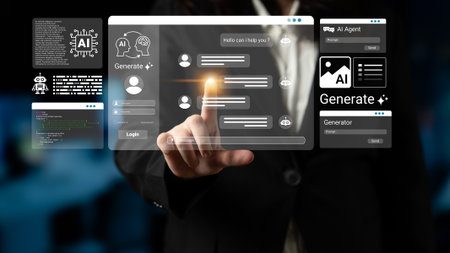 A professional in a sleek suit interacts with a holographic AI interface, showcasing next-generation...