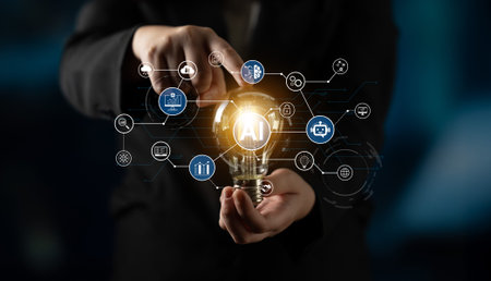 AI network diagram with connected technology icons for digital business. AI platform, analytics, AI...