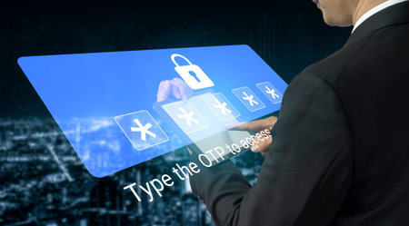 A businessman is interacting with a digital interface to enter a one-time password for secure...