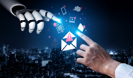 A striking visual featuring a robotic hand reaching out to touch a human finger, connected by a mail...