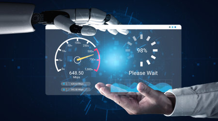 A robotic hand reaches towards a virtual interface showcasing data upload speed and a progress bar,...