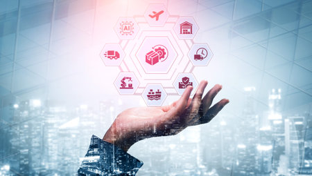 A futuristic hand emerges from a cityscape, holding icons representing logistics and technology,...