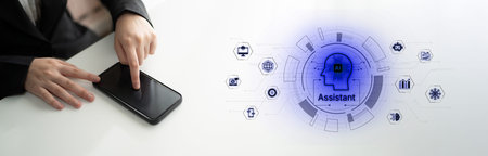 Futuristic AI assistant with autonomous agent capabilities, AI natural language understanding, and...