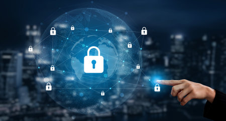 The image illustrates a concept of digital security, featuring a globe with padlocks, emphasizing...
