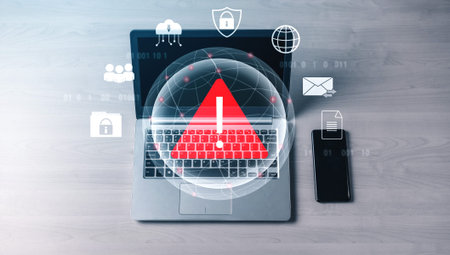 Red warning triangle representing a cybersecurity threat or data breach alert, surrounded by digital...