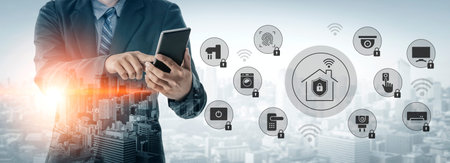 A businessman interacts with a smartphone to manage smart home technology, showcasing connectivity...
