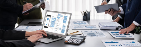 Panorama shot analyst team utilizing BI Fintech to analyze financial report with laptop....