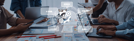 A diverse team collaborates in a meeting setting, analyzing data and discussing artificial...