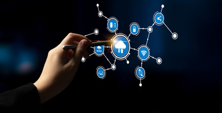 A hand highlights a central cloud icon in a digital network, symbolizing connectivity and modern...