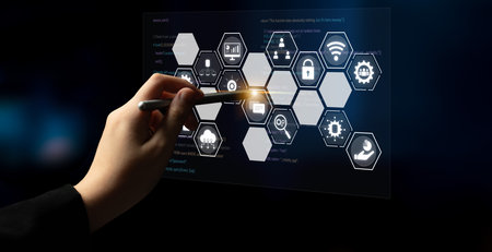 Hexagon interface combining AI, data, analytics, and cybersecurity. AI connects systems, data drives...