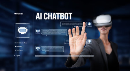 A user interacts with an AI chatbot in a futuristic environment, showcasing advanced technology and...