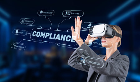 A business professional utilizes virtual reality to enhance compliance training, showcasing...
