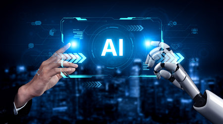 A self-aware AI assistant displays its central processing hub on a futuristic interface. This...