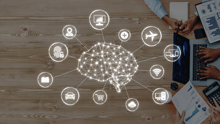 A creative visual depiction of a brain connected to various technology icons representing digital...