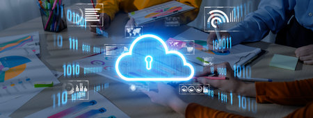 A vibrant team collaborates in a digital workspace, integrating cloud security icons to enhance...