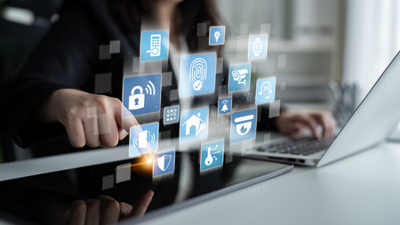 Home security icons show smart home, surveillance, and safety devices. Home security ensures...