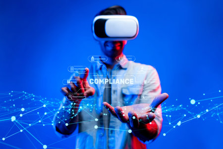 A person with a virtual reality headset engages with compliance and regulation concepts, exploring...